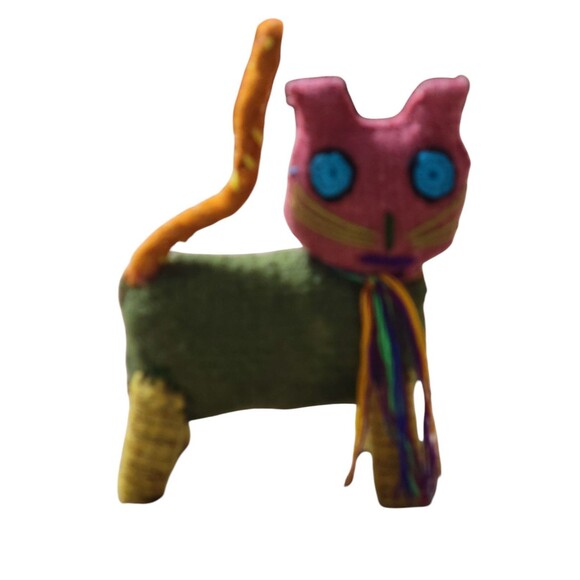 Folk Art Wool Standing Cat 8" Tall Colorful Unique - Picture 1 of 6